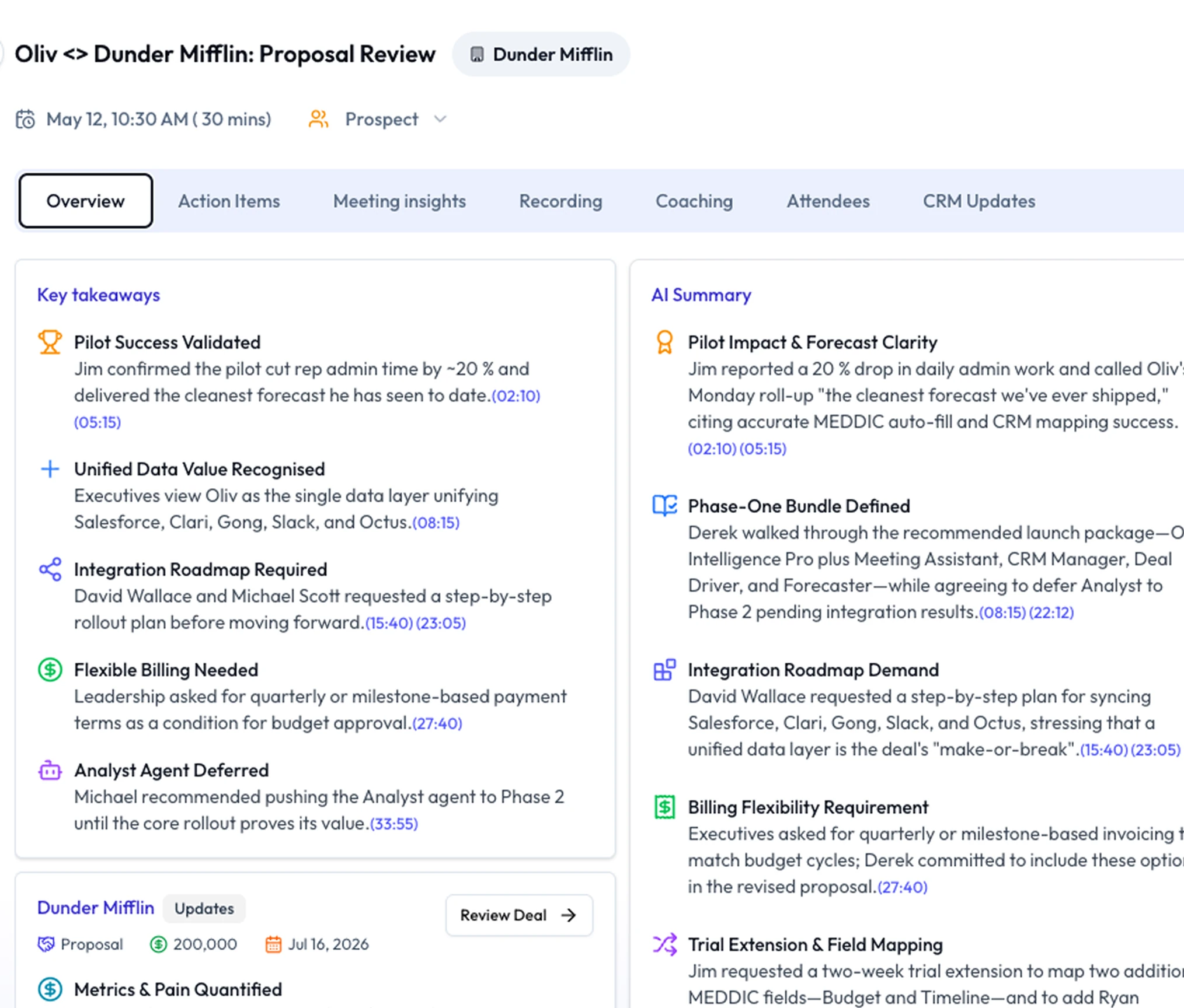 Oliv Conversation Intelligence — proposal review with AI summary